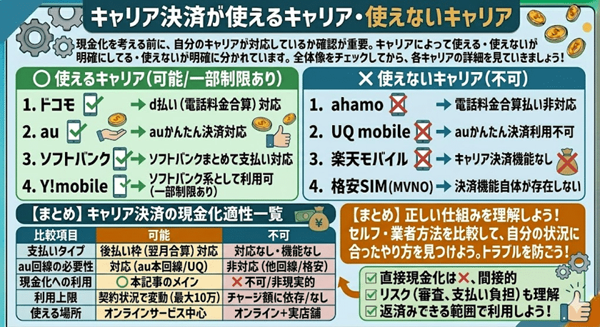 キャリア決済が使えるキャリア・使えないキャリア