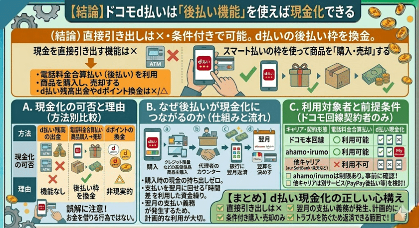 【結論】ドコモd払いは「後払い機能」を使えば現金化できる