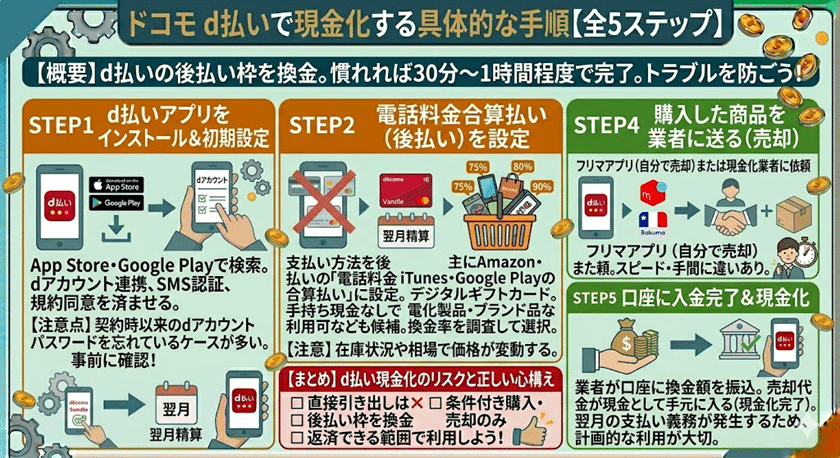 ドコモd払いで現金化する具体的な手順【全5ステップ】