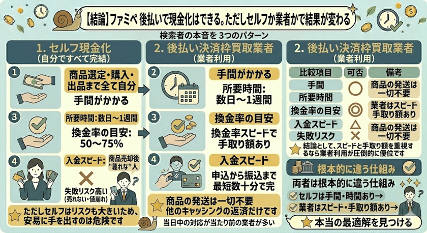 【結論】ファミペイ後払いで現金化はできる。ただしセルフか業者かで結果が変わる
