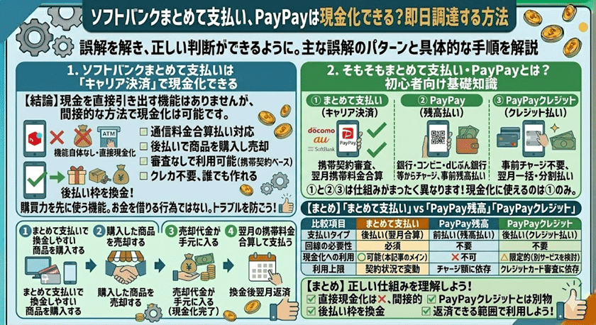 ソフトバンクまとめて支払い、PayPayは現金化できる？即日調達する方法