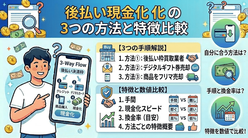 後払い現金化の3つの方法と特徴比較