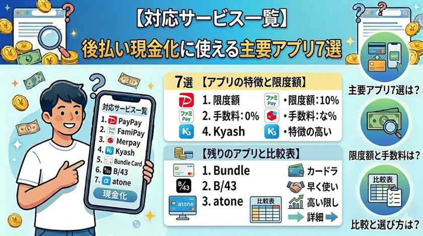 後払い現金化に使える主要アプリ7選（対応サービス一覧）