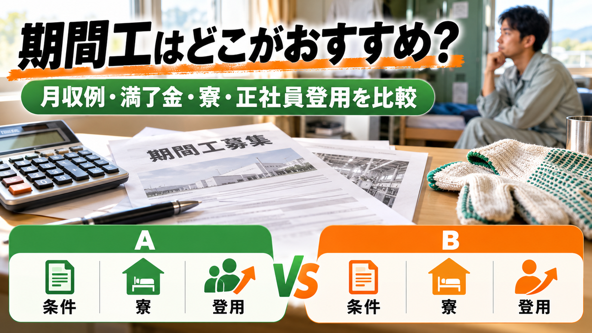 期間工のおすすめ比較！トヨタ・マツダ・ダイハツの月収例と満了金・寮・正社員登用