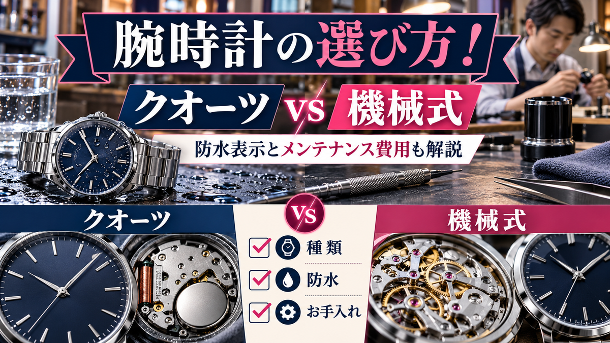 腕時計の種類と選び方！クオーツ・機械式の違いと防水表示、メンテナンス費用