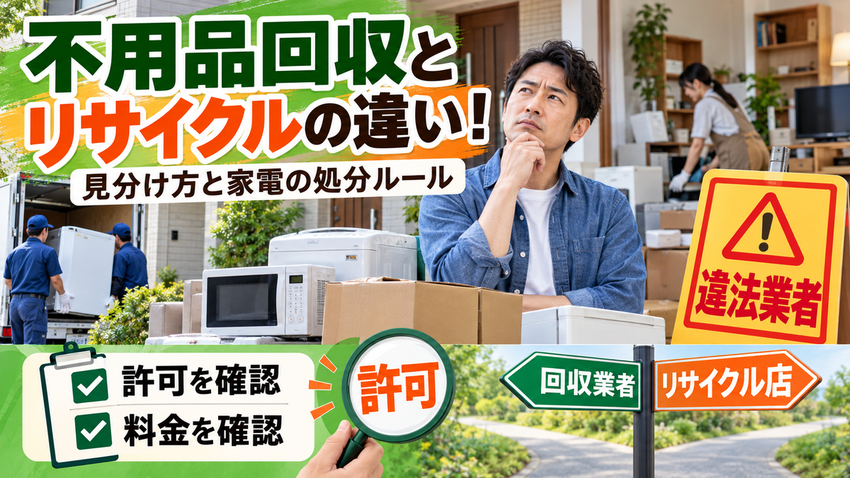 不用品回収業者とリサイクルショップの違い！必要な許可と違法業者の見分け方、家電の処分ルール