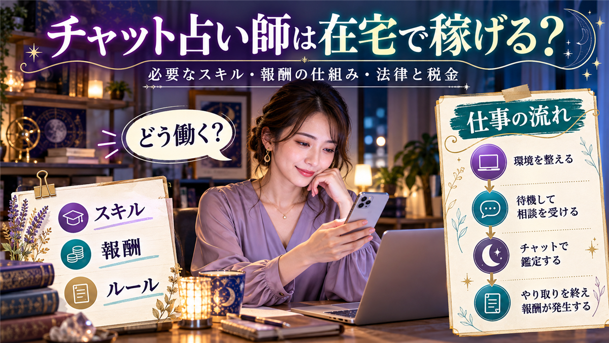 チャット占い師は在宅で稼げる？仕事の流れと必要なスキル、報酬の仕組み、フリーランス法と税金