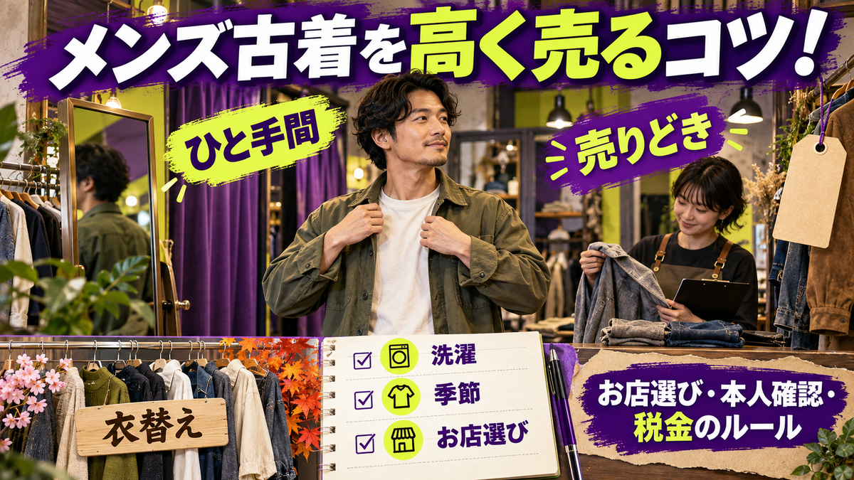 メンズ古着を高く売るコツ!ひと手間と季節の売りどき、お店の選び方と本人確認・税金のルール