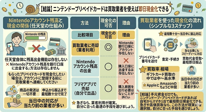 【結論】ニンテンドープリペイドカードは買取業者を使えば即日現金化できる