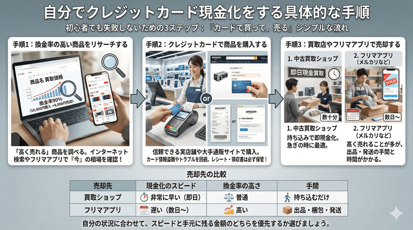 自分でクレジットカード現金化をする具体的な手順
