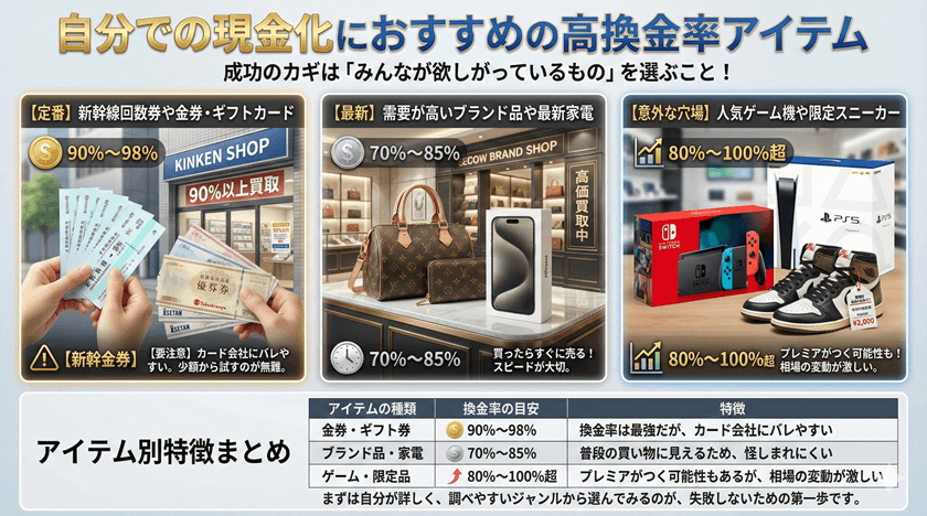 自分での現金化におすすめの高換金率アイテム